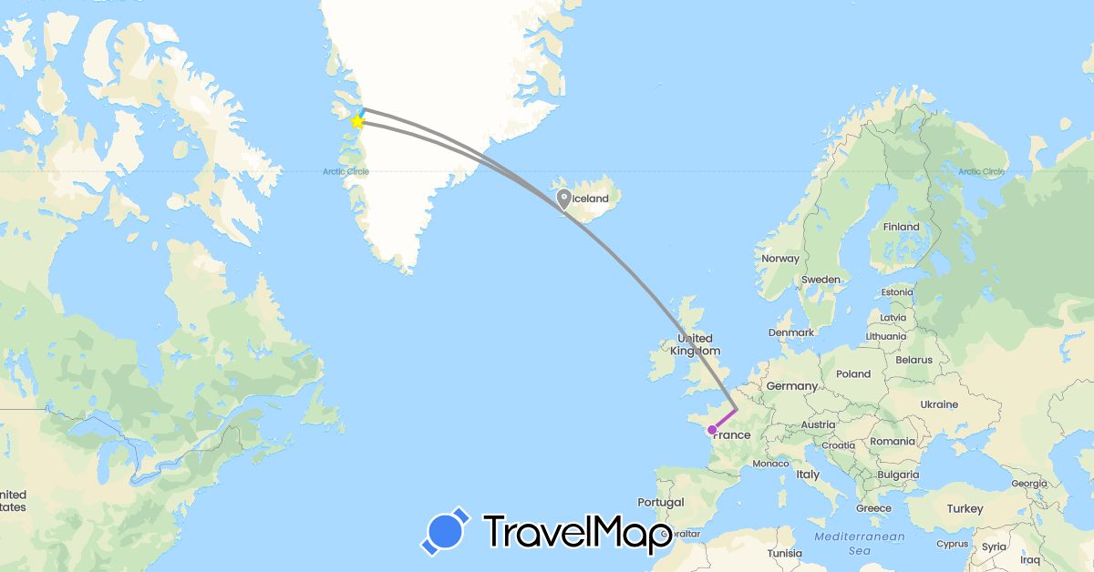 TravelMap itinerary: driving, plane, train, boat in France, Greenland, Iceland (Europe, North America)